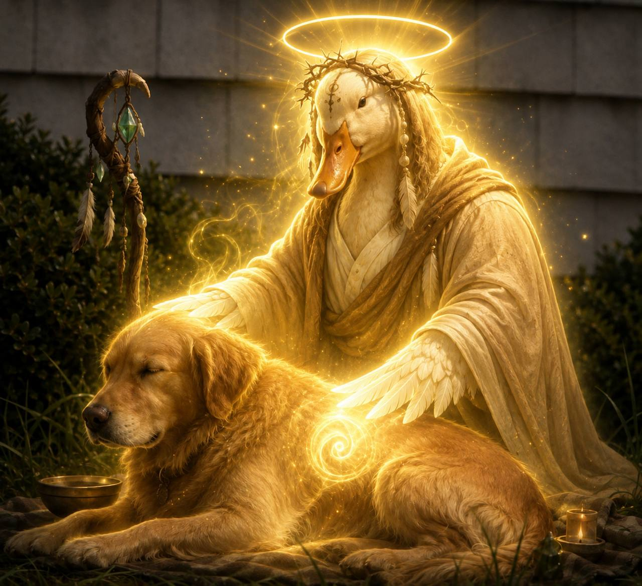 Louie the duck, glowing with a halo, blessing a golden retriever
